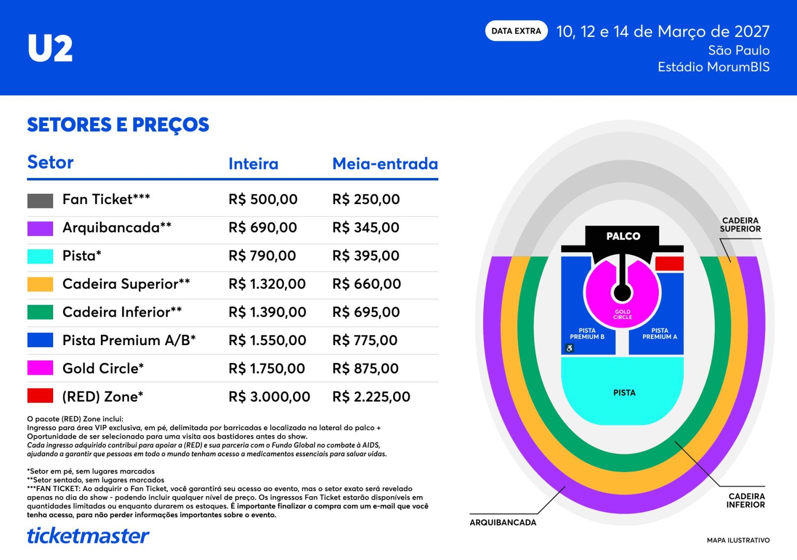 Preço dos ingressos do show do U2 no Brasil em 2027